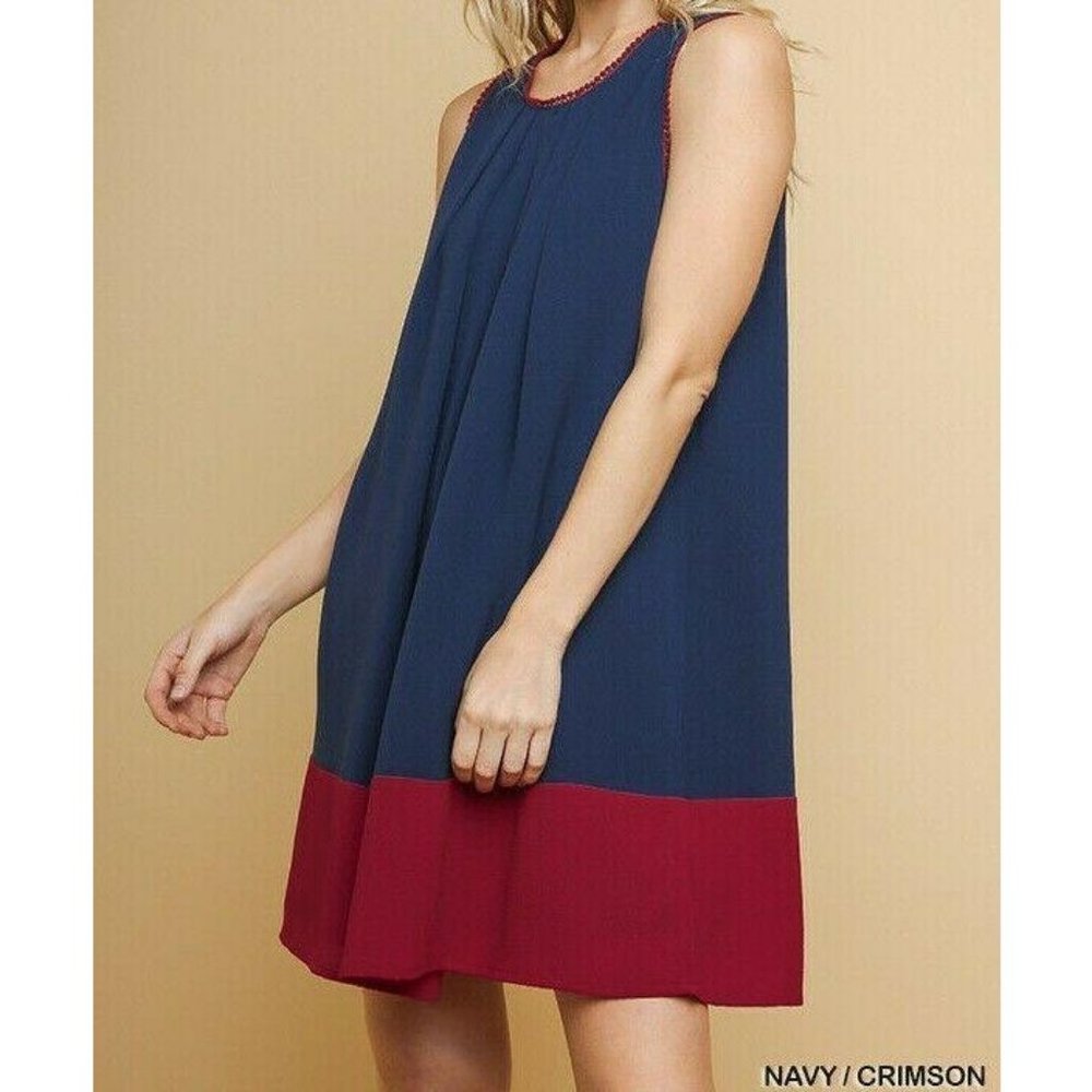 Umgee Dress Sleeveless Two Tone Pom Pom Trim Med - Picture 3 of 3